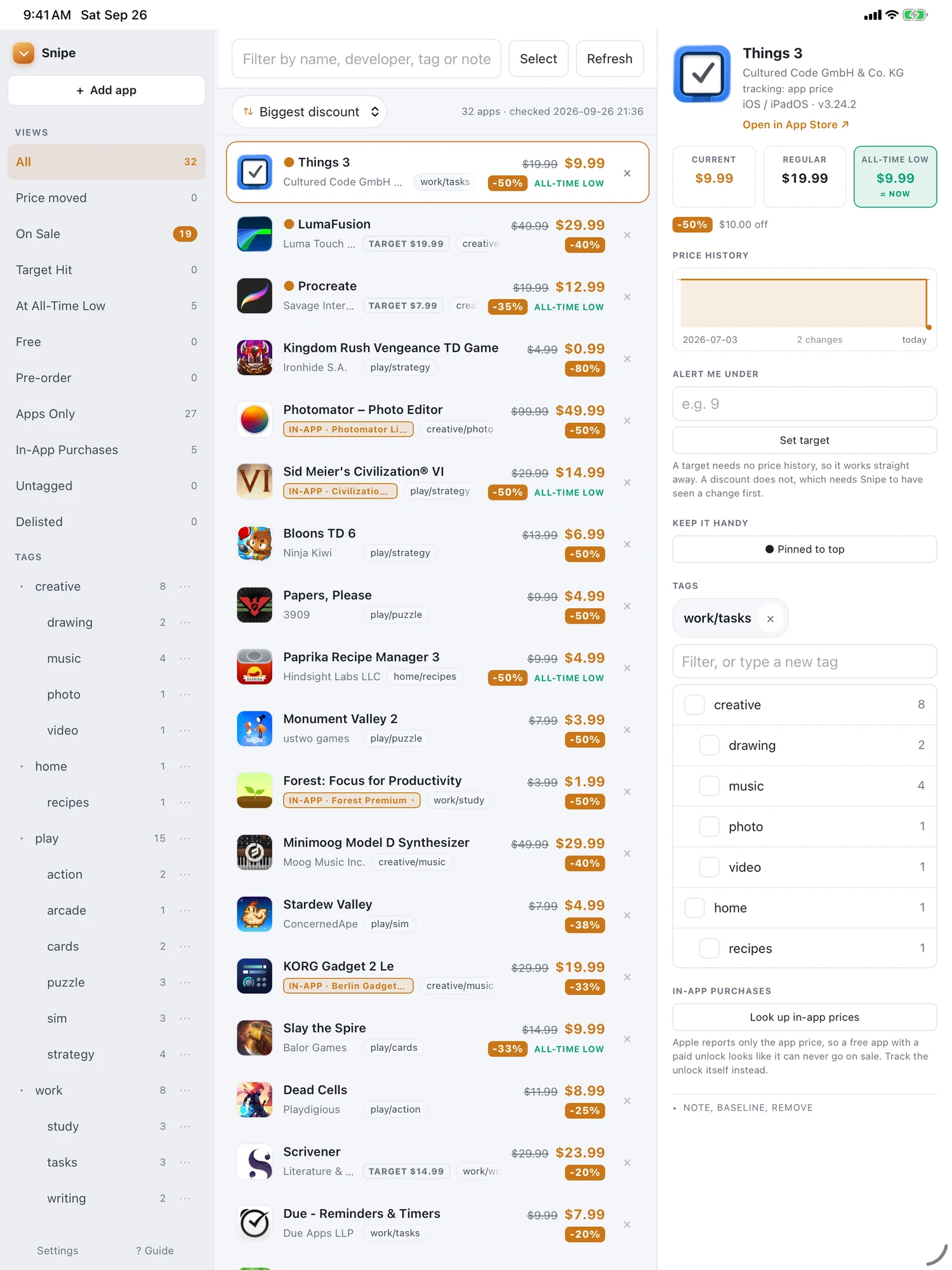 Snipe on iPad with an app selected: current, regular and all-time-low prices side by side, a price history chart, a target field, a tag picker, and an in-app purchases panel offering to look up in-app prices.