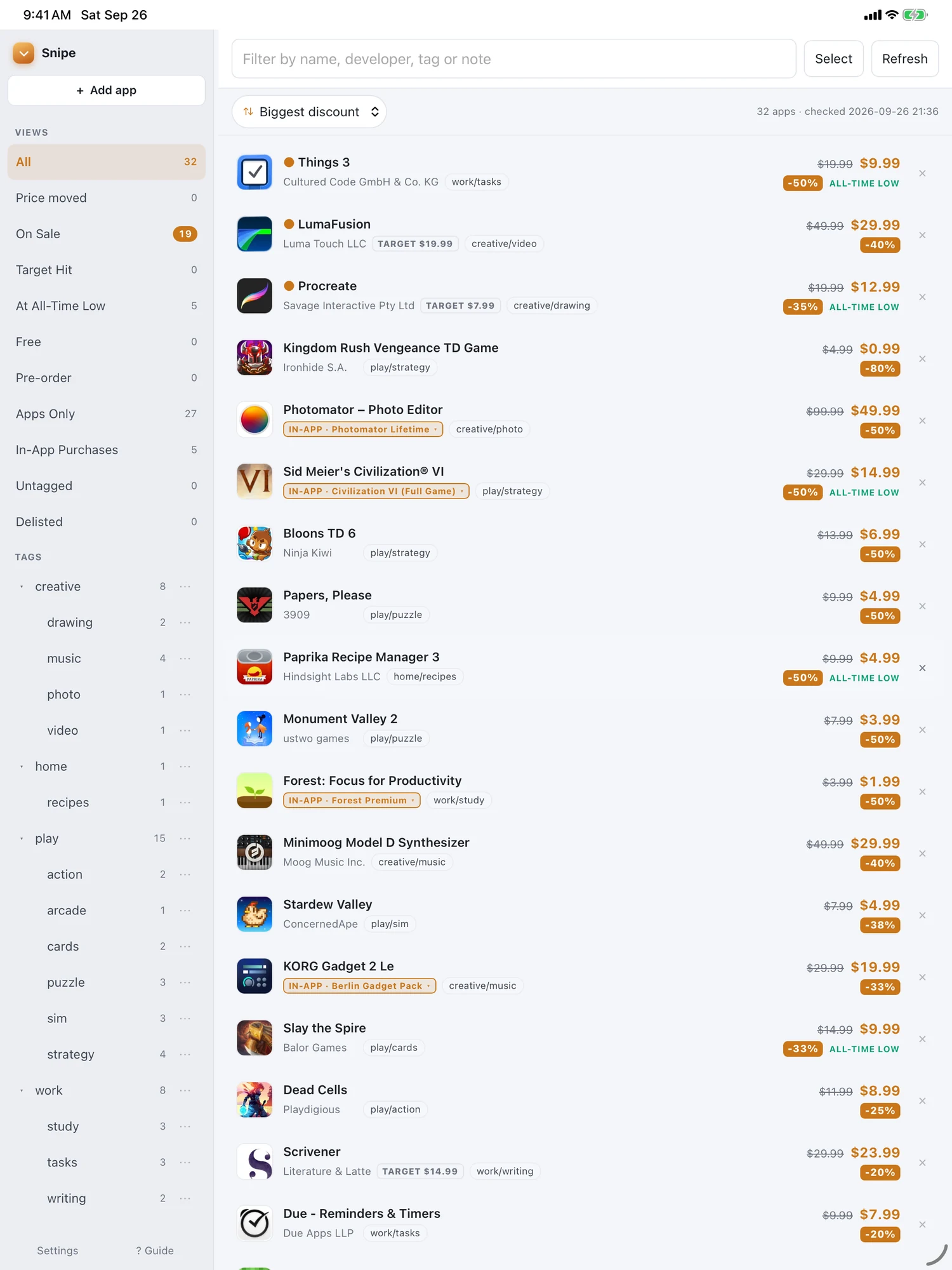 Snipe on iPad: a sidebar of views (All, On Sale, Target Hit, At All-Time Low, In-App Purchases) above a nested tag tree with counts, beside the watchlist sorted by biggest discount.