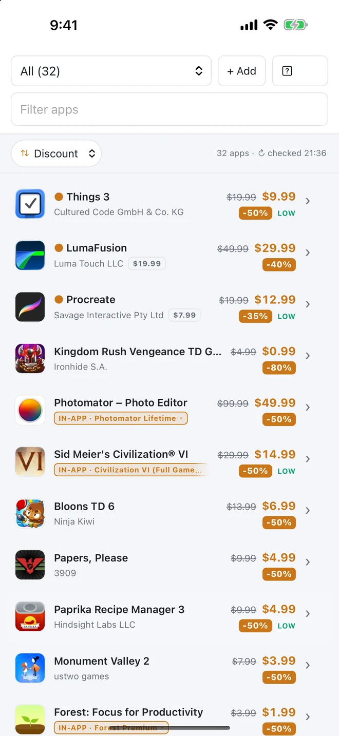Snipe on iPhone: a watchlist sorted by discount. Things 3 down from $19.99 to $9.99, LumaFusion from $49.99 to $29.99, Procreate from $19.99 to $12.99, each with a discount badge, and two rows marked as in-app purchases.